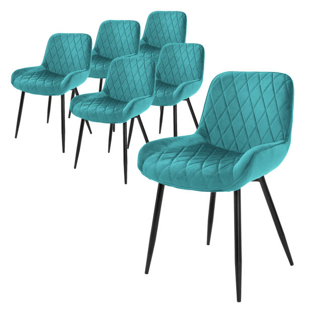 ML-Design Set van 6 Eetkamerstoelen Eetkamerstoel met Rugleuning en Armleuningen, Turquoise, Fluwelen Zitting, Metalen