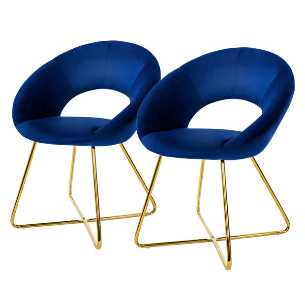 ML-Design eetkamerstoelen set van 2 blauw fluweel, woonkamerstoel met ronde rugleuning gestoffeerde met goudkleurige
