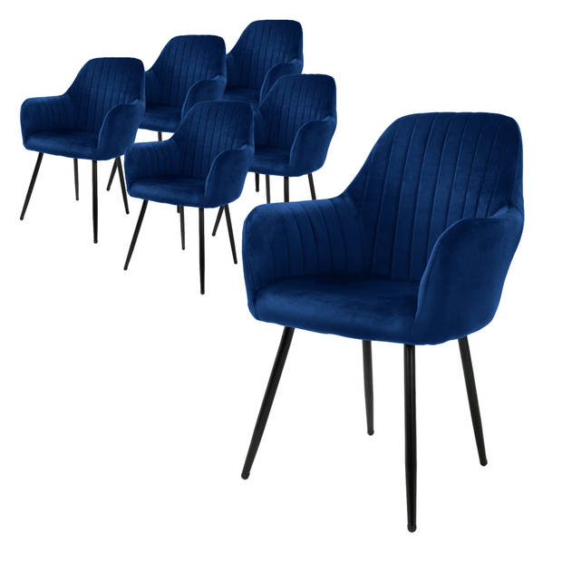 ML-Design set van 6 eetkamerstoelen met rugleuning en armleuningen, blauw, keukenstoelen met fluwelen bekleding,