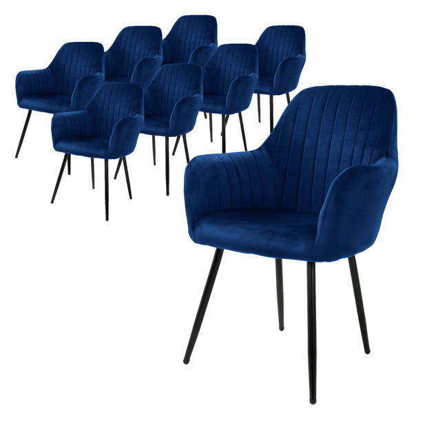 ML-Design set van 8 eetkamerstoelen met rugleuning en armleuningen, blauw, keukenstoelen met fluwelen bekleding,