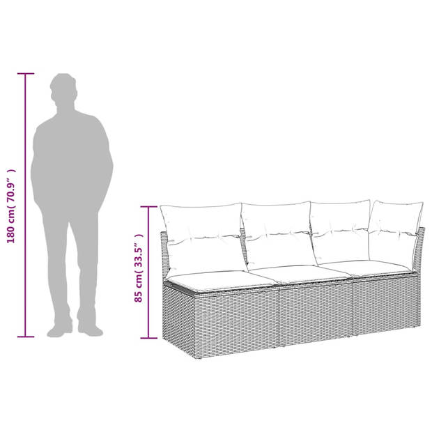 vidaXL Tuinbank 3-zits met kussens poly rattan zwart