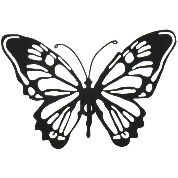 Decoris tuin wanddecoratie vlinders - zwart - metaal - 18 x 12 cm - 37 x 24 cm - Tuinbeelden