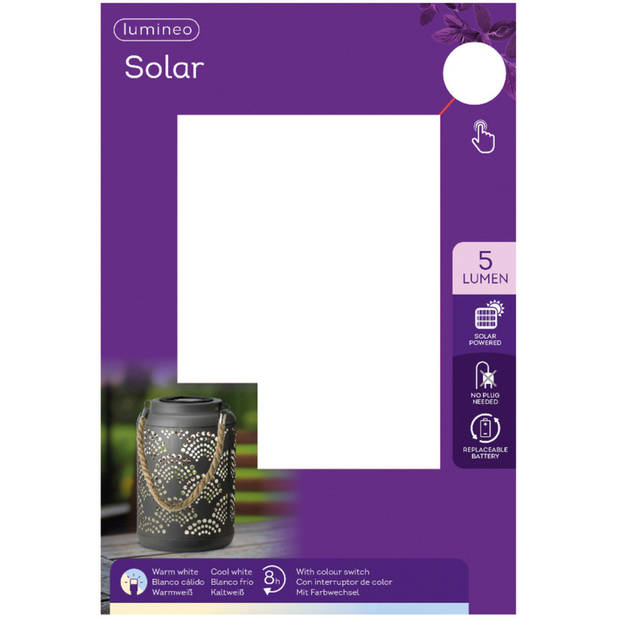 Lumineo Tuin lantaarn - solar - antraciet grijs - D15 x H23 cm - metaal - buitenverlichting - Lantaarns