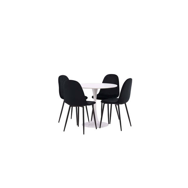 Hamden eethoek tafel wit en 4 Polar stoelen zwart.