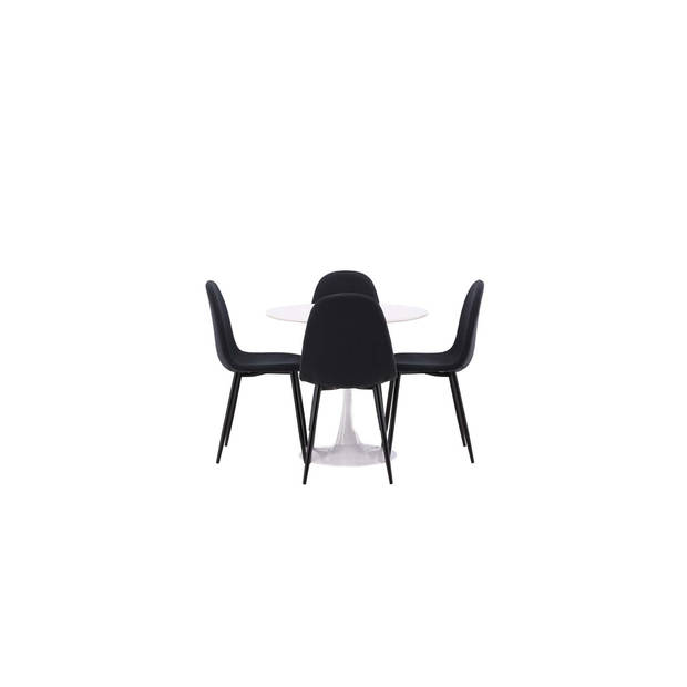 Hamden eethoek tafel wit en 4 Polar stoelen zwart.