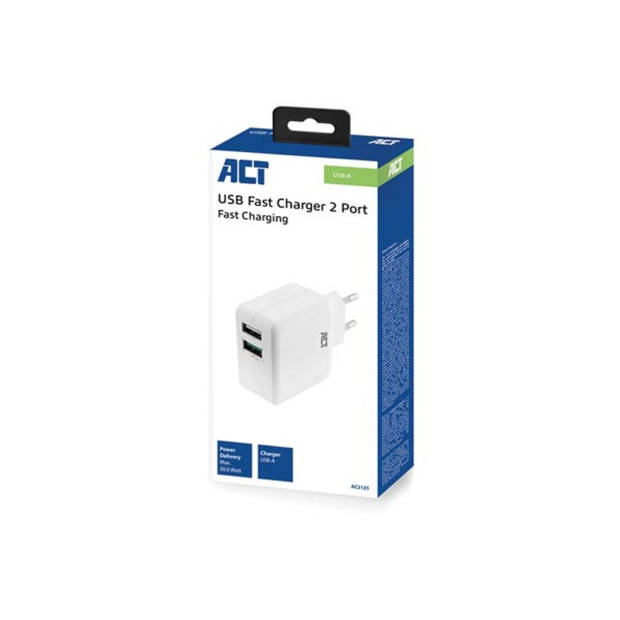 USB-oplader, 2 x USB-A, Quick Charge 3.0-functie, 30 W, 4 A, wit