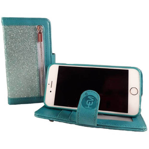 HEM Apple iPhone 12 Mini - Magic Glitter Pure Turquoise - Leren Rits Portemonnee Telefoonhoesje