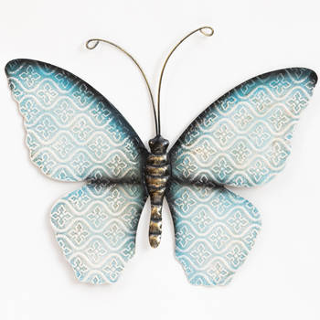 Anna's Collection Muurvlinder - blauw - 30 x 21 cm - metaal - tuindecoratie - Tuinbeelden