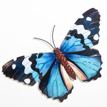Anna's Collection Muurvlinder - blauw - 34 x 21 cm - metaal - tuindecoratie - Tuinbeelden