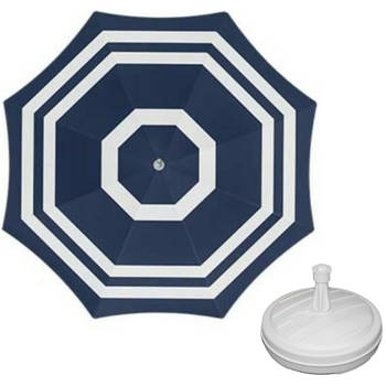 Parasol - Blauw/wit - D140 cm - incl. draagtas - parasolvoet - 42 cm - Parasols