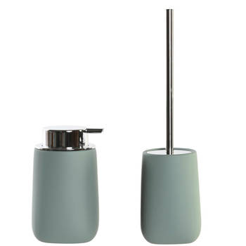 Toiletborstel in houder 41 cm met zeeppompje 14 cm mosgroen - Badkameraccessoireset