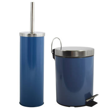 MSV Toiletborstel in houder 35 cm/pedaalemmer 3L set Moods - Metaal - blauw - Badkameraccessoireset