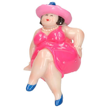 Inware Home decoratie beeldje dikke dame - jurk roze - 15 cm - Beeldjes