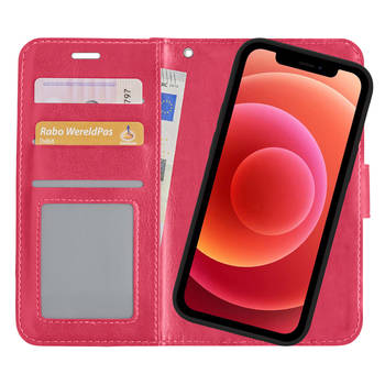 Basey iPhone 12 Mini Hoesje Bookcase Hoes 2-in-1 Cover - iPhone 12 Mini Hoes 2-in-1 Hoesje Case - Donker Roze