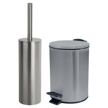 Spirella Badkamer/toilet accessoires set - toiletborstel en pedaalemmer - 3L - metaal - zilver - Badkameraccessoireset