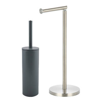 Spirella Badkamer accessoires set - WC-borstel/toiletrollen houder - donkergrijs/zilver - Badkameraccessoireset