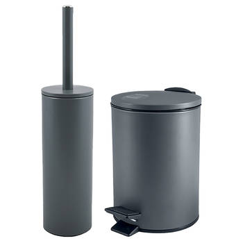 Spirella Badkamer/toilet accessoires set - toiletborstel en pedaalemmer - 5L - metaal - donkergrijs - Badkameraccessoire