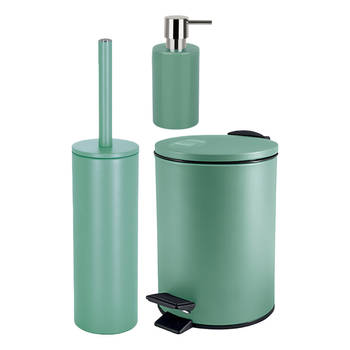 Spirella Badkamer accessoires set - WC-borstel/pedaalemmer/zeeppompje - salie groen - Badkameraccessoireset