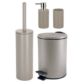 Spirella Badkamer accessoires set - WC-borstel/pedaalemmer/zeeppompje/beker - beige - Badkameraccessoireset
