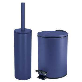 Spirella Badkamer/toilet accessoires set - toiletborstel en pedaalemmer - 3L - metaal - blauw - Badkameraccessoireset