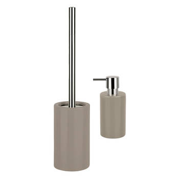 Spirella Badkamer accessoires set - WC-borstel/zeeppompje - porselein - beige - Badkameraccessoireset