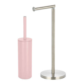 Spirella Badkamer accessoires set - WC-borstel/toiletrollen houder - lichtroze/zilver - Badkameraccessoireset