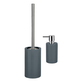 Spirella Badkamer accessoires set - WC-borstel/zeeppompje - porselein - donkergrijs - Badkameraccessoireset