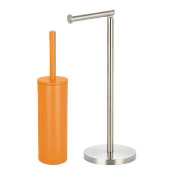 Spirella Badkamer accessoires set - WC-borstel/toiletrollen houder - oranje/zilver - Badkameraccessoireset