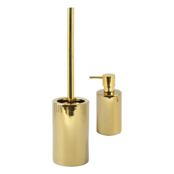 Spirella Badkamer accessoires set - WC-borstel/zeeppompje - porselein - goud - Badkameraccessoireset