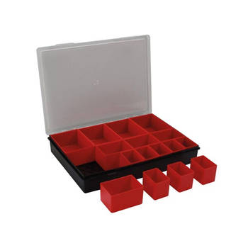Tayg assortimentsdoos, 16 uitneembare bakjes, transparant deksel, stapelbaar, 330 x 247 x 54 mm, zwart/rood