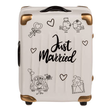 Spaarpot koffer 'Just Married' - Sparen voor je huwelijksreis - ca. 11 x 6,5 x 16,5 cm - Keramiek - Spaarpot trouwen -