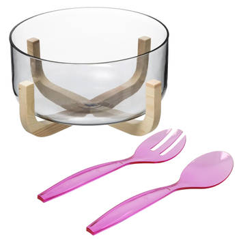 Secret de Gourmet Saladekom/serveerschaal - glas - plastic slacouvert roze - Dia 24 cm - Saladeschalen
