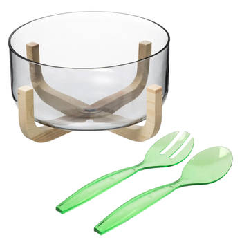 Secret de Gourmet Saladekom/serveerschaal - glas - plastic slacouvert groen - Dia 24 cm - Saladeschalen