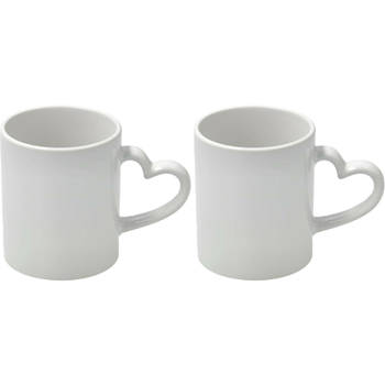 Koffiemok met handvat in hartvorm - 2x - wit - keramiek - 300 ml - Bekers