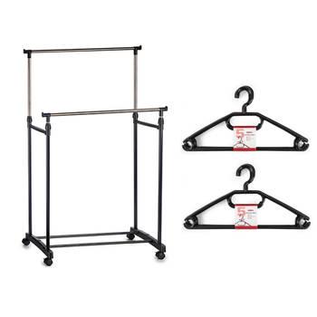 Kledingrek met kleding hangers - dubbele stang - kunststof - zwart - 80 x 42 x 160 - Kledingrekken