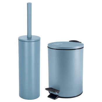 Spirella Badkamer/toilet accessoires set - toiletborstel en pedaalemmer - 3L - metaal - lichtblauw - Badkameraccessoires