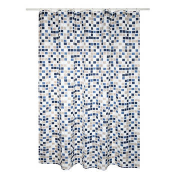 MSV Douchegordijn met ringen - wit/blauw - mozaiek print - Polyester - 180 x 200 cm - wasbaar - Douchegordijnen