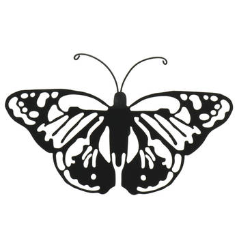 Decoris tuin wanddecoratie vlinder - metaal - zwart - 36 x 25 cm - Tuinbeelden