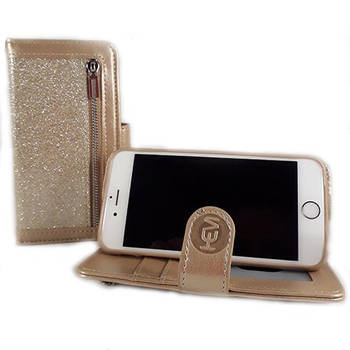 HEM Apple iPhone 12 / 12 Pro - Magic Glitter Gold - Leren Rits Portemonnee Telefoonhoesje