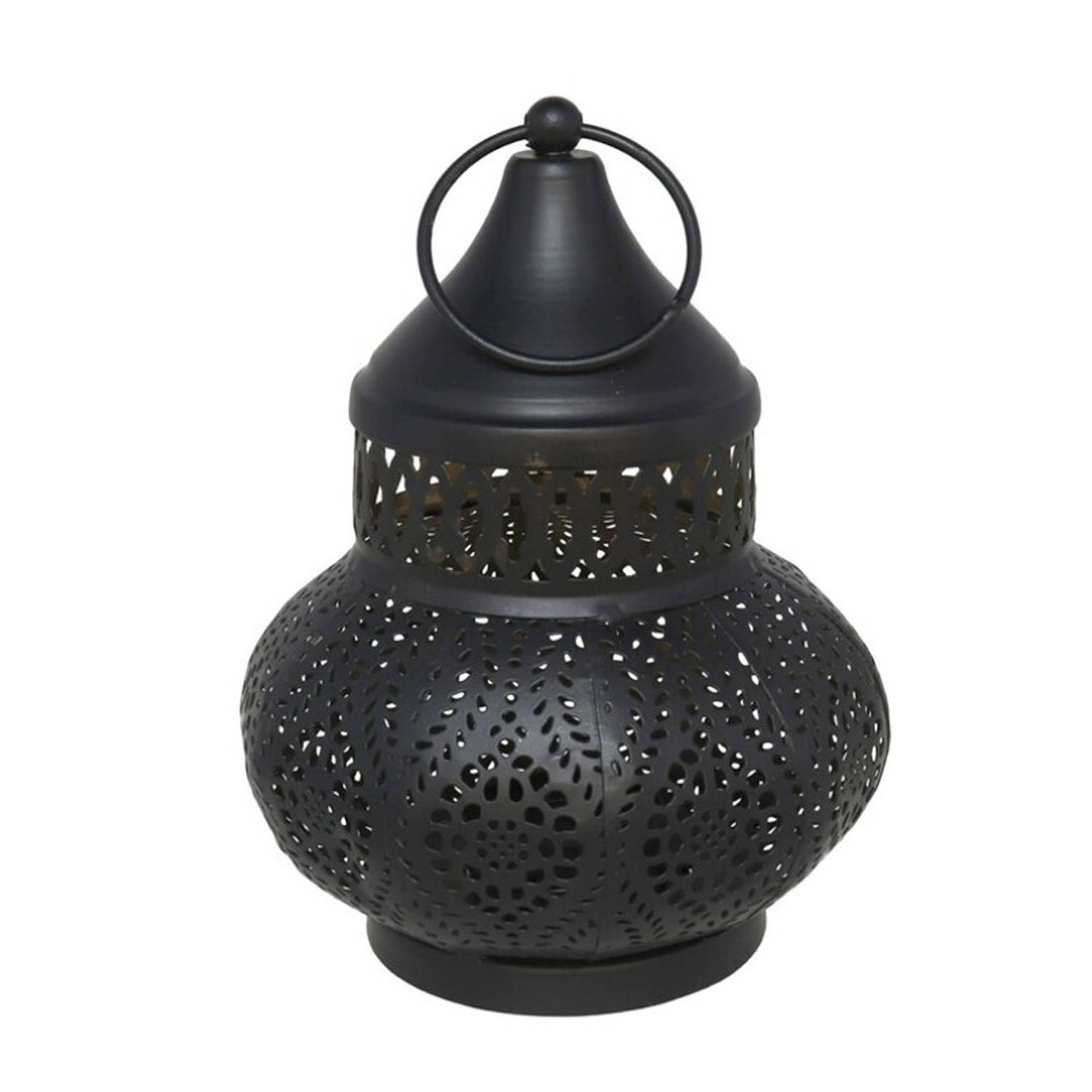 Tuin deco lantaarn - Marokkaanse sfeer stijl - zwart/goud - D12 x H16 cm - metaal - buitenverlichting - buitenverli