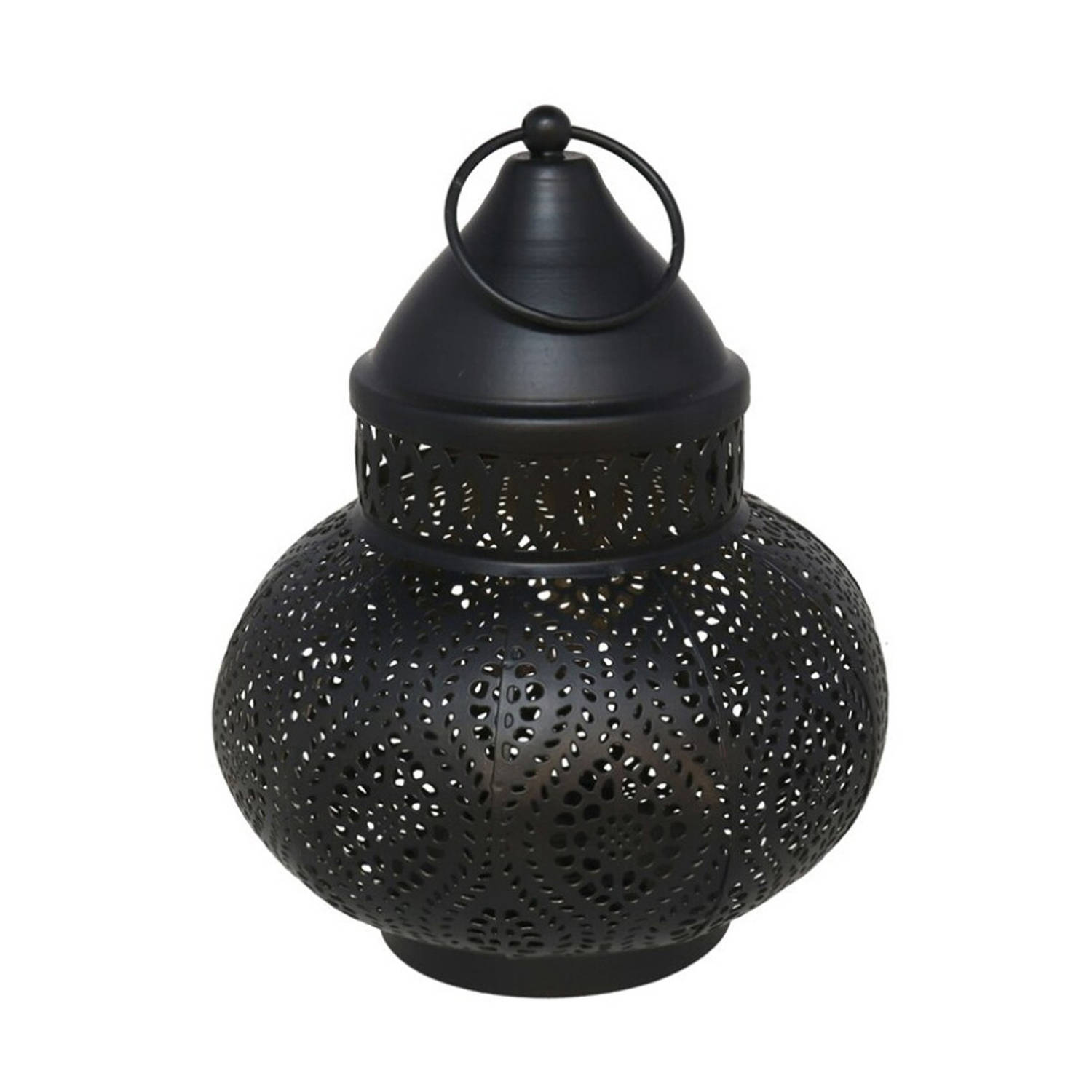 Tuin deco lantaarn - Marokkaanse sfeer stijl - zwart/goud - D15 x H19 cm - metaal - buitenverlichting - buitenverli