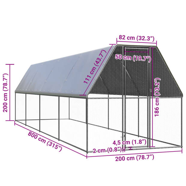 vidaXL Buitenhok voor kippen 2x8x2 m gegalvaniseerd staal