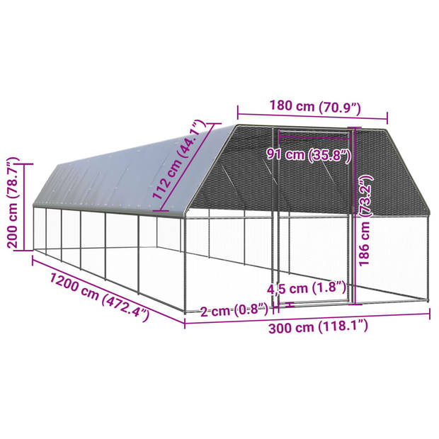 vidaXL Buitenhok voor kippen 3x12x2 m gegalvaniseerd staal