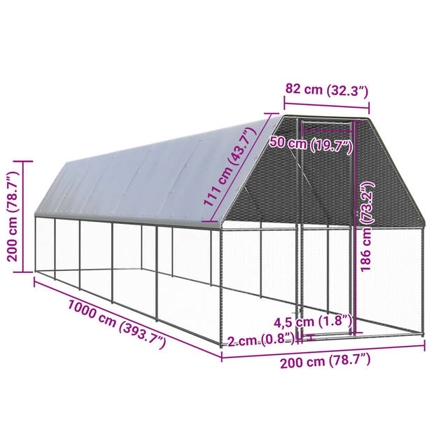 vidaXL Buitenhok voor kippen 2x10x2 m gegalvaniseerd staal