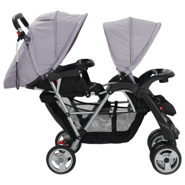 vidaXL Kinderwagen dubbel staal grijs en zwart