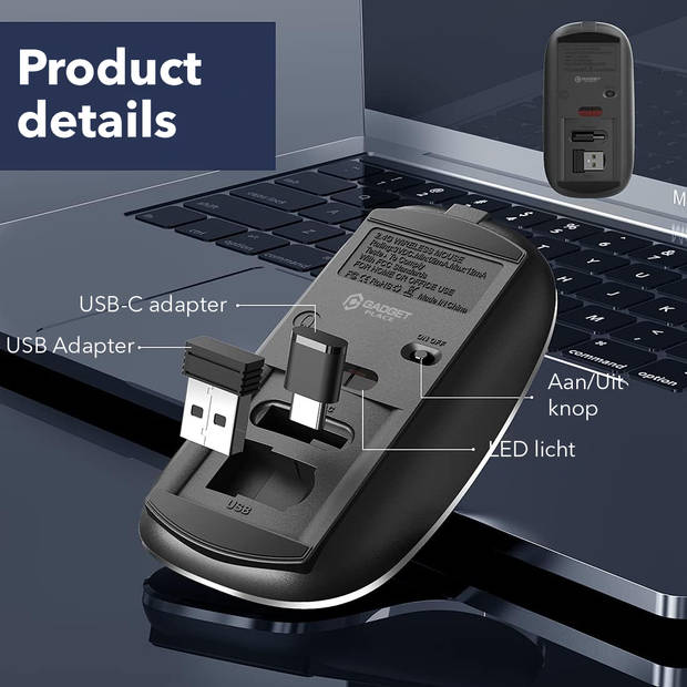 Gadgetplace Draadloze muis voor Laptop en Computer - Ergonomisch - Stille klik - USB C