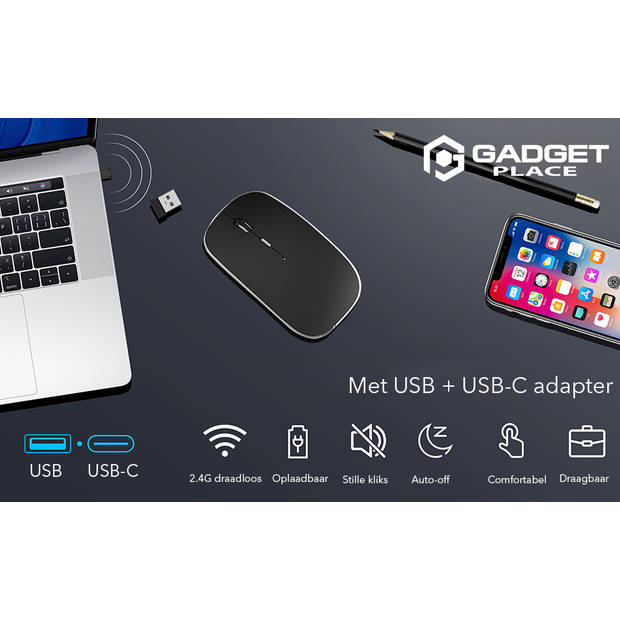 Gadgetplace Draadloze muis voor Laptop en Computer - Ergonomisch - Stille klik - USB C