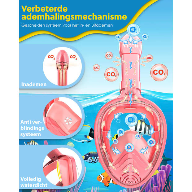 Vicon Snorkelmasker voor kinderen - 4 t/m 12 jr - Snorkelset Roze - Full Face Duikmasker Kind - Duikbril met Snorkel