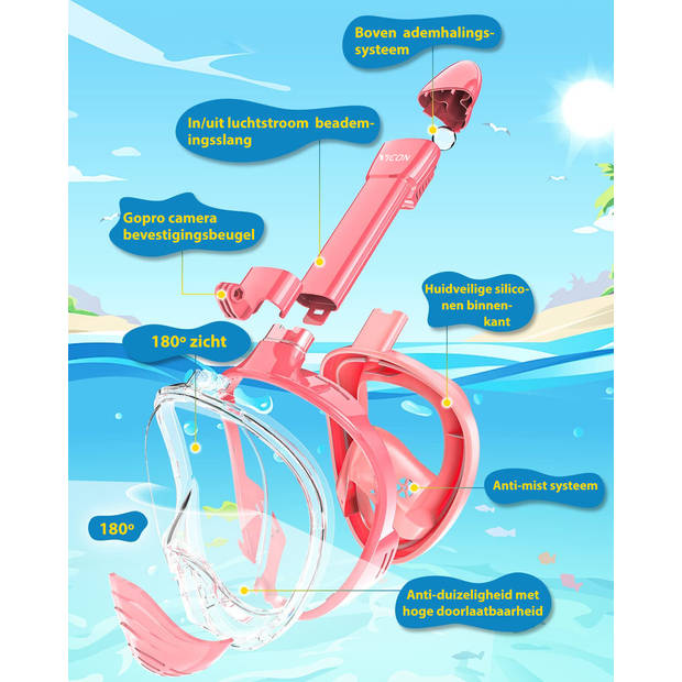 Vicon Snorkelmasker voor kinderen - 4 t/m 12 jr - Snorkelset Roze - Full Face Duikmasker Kind - Duikbril met Snorkel