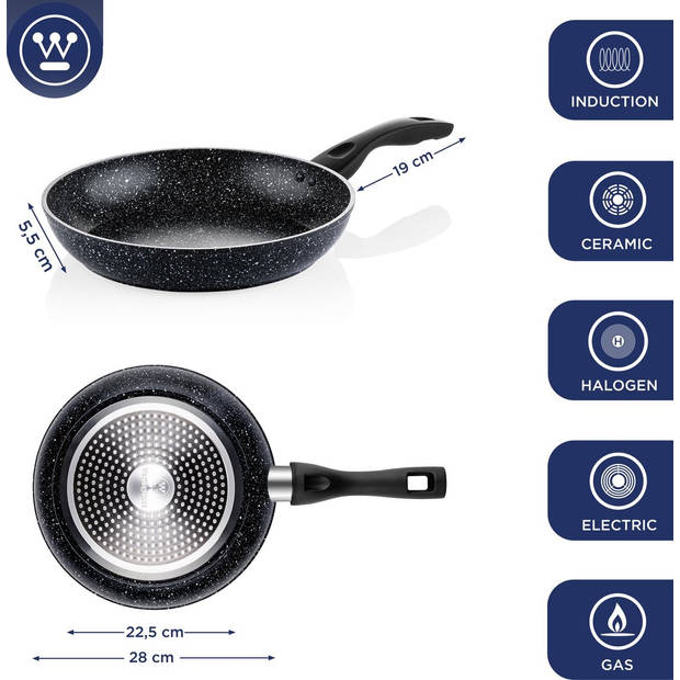 Westinghouse Pannenset - Black Marble Koekenpan 28cm + Koekenpan 30cm + Steelpan 18cm